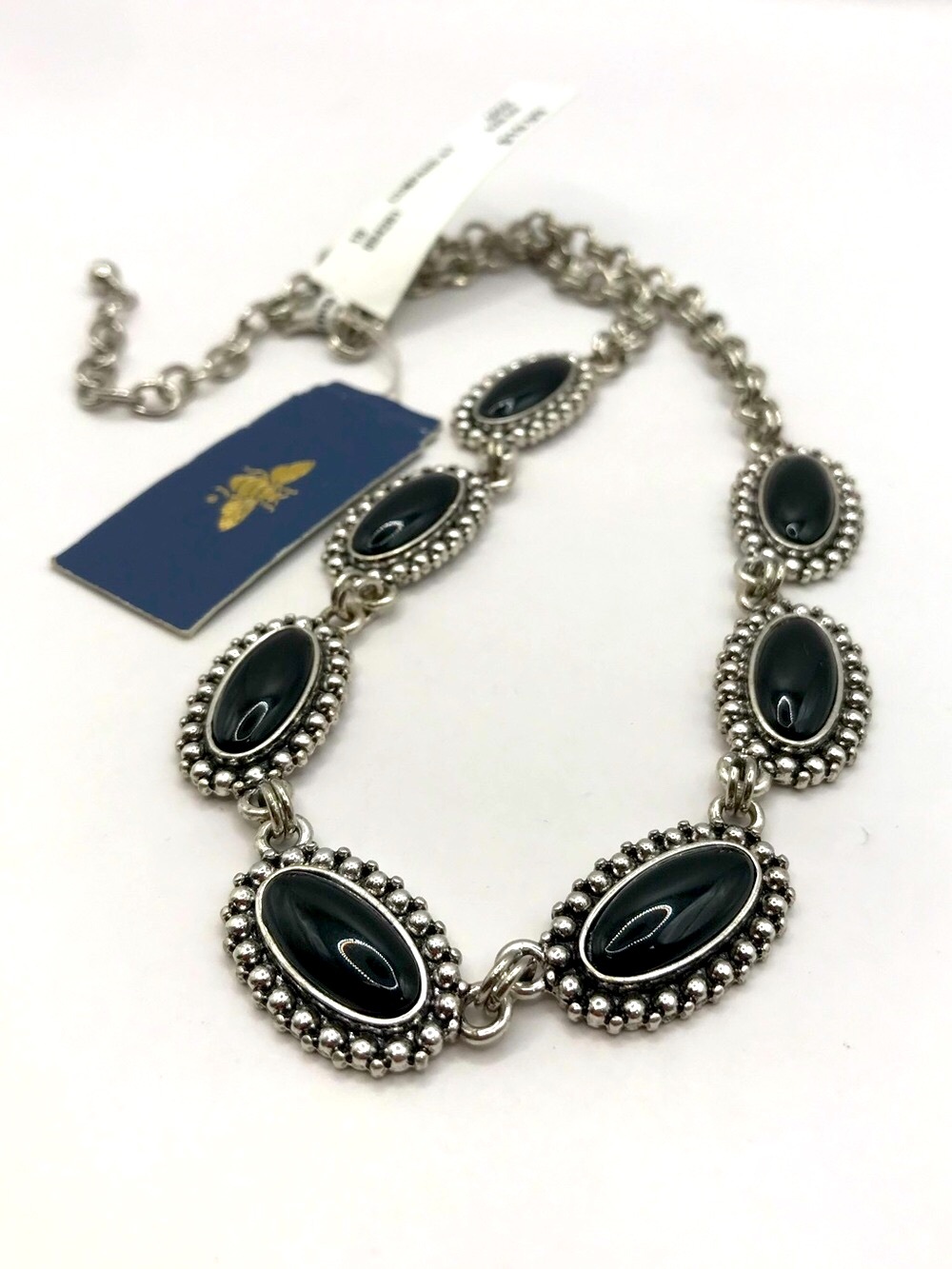 Black Enamel and Silver-Tone Beaded Oval Link Necklace